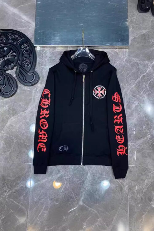 24SS CH red cross Sanskrit letters flower arm horseshoe hooded sweater jacket couple model cross-border exclusive